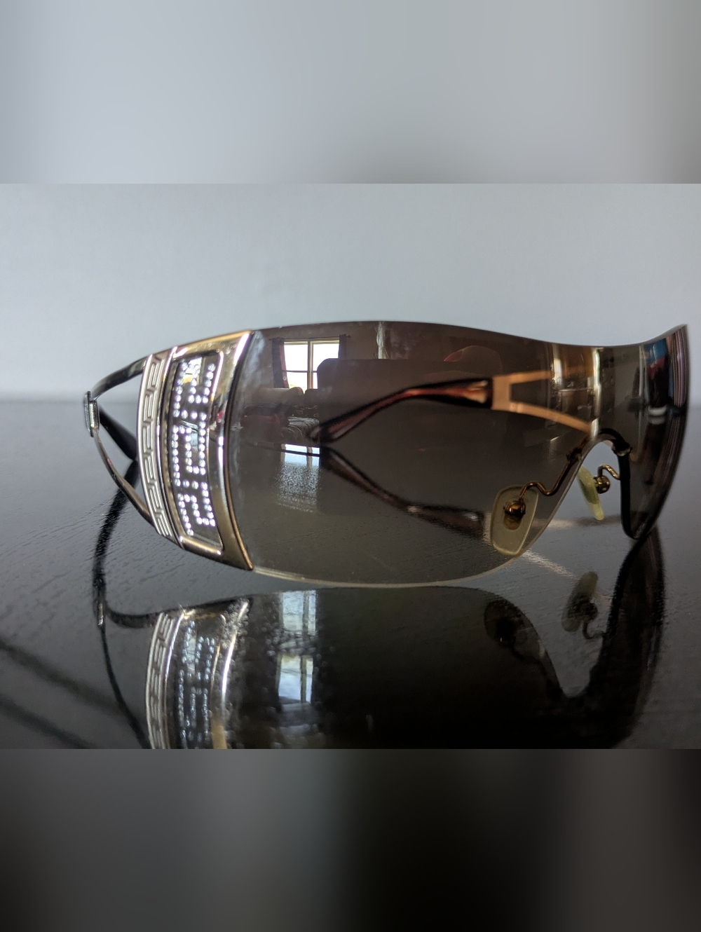 Versace Shield Sunglasses in Bronze Smoke with Gold Accents
